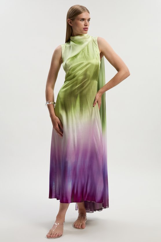 Karen Millen Ombre Satin Drape Georgette Cape Detail Midi Dress Multi