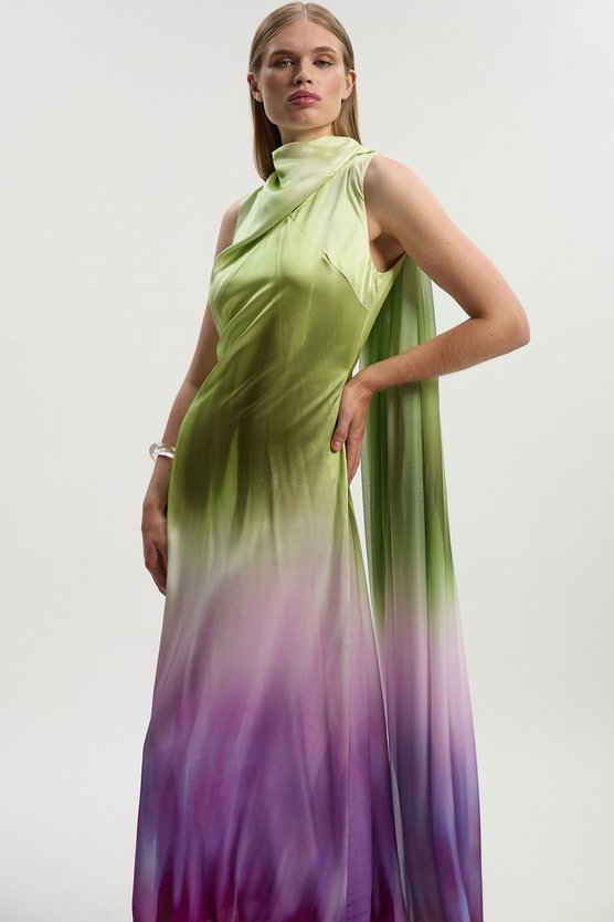 karen millen Ombre Satin Drape Georgette Cape Detail Midi Dress multi