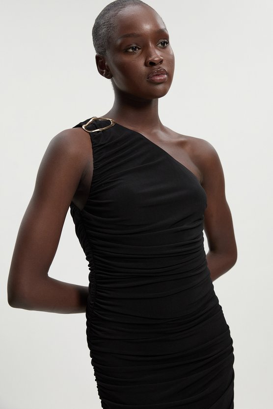 Karen Millen One Shoulder Drapey Crepe Trim Detail Ruched Maxi Dress Black