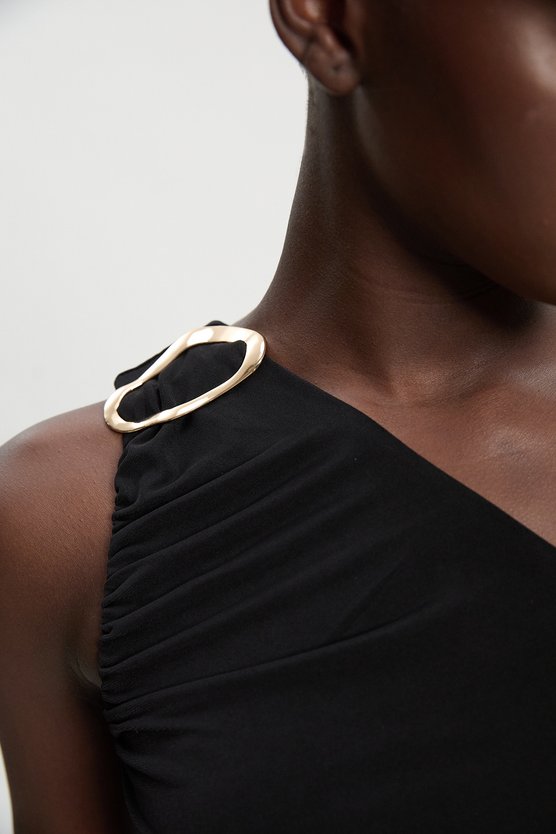 Karen Millen One Shoulder Drapey Crepe Trim Detail Ruched Maxi Dress Black