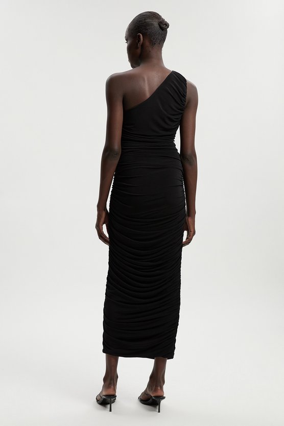 Karen Millen One Shoulder Drapey Crepe Trim Detail Ruched Maxi Dress Black