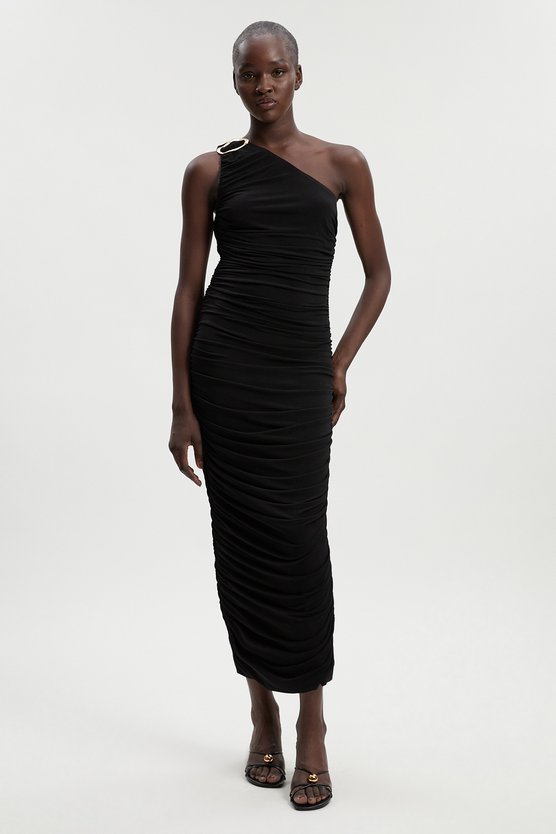 karen millen One Shoulder Drapey Crepe Trim Detail Ruched Maxi Dress black