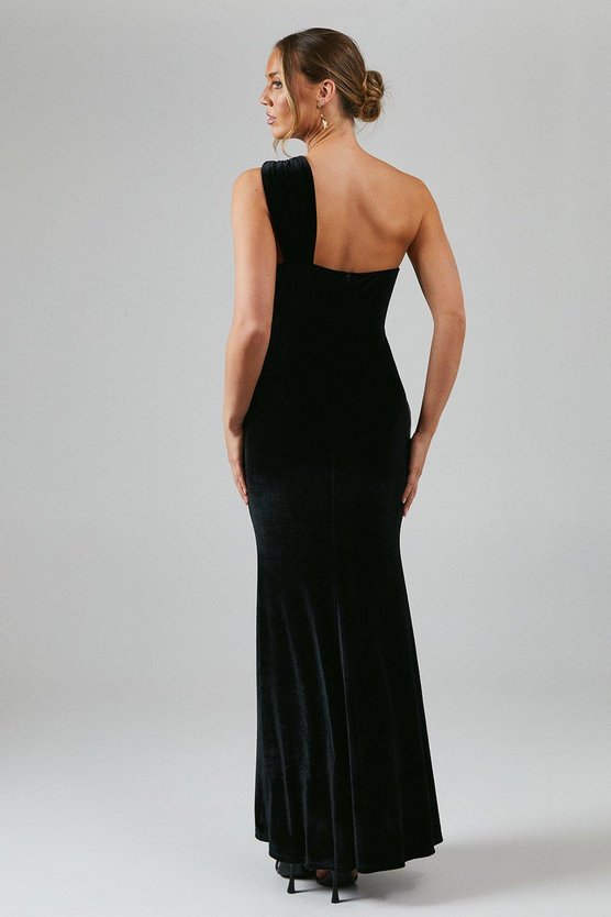 Karen Millen One Shoulder Twist Detail Velvet Maxi Bridesmaid Dress Black