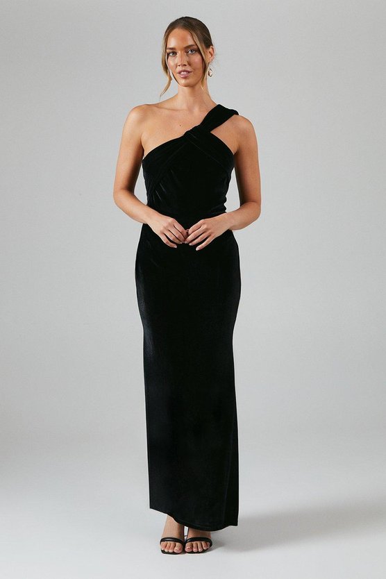 karen millen One Shoulder Twist Detail Velvet Maxi Bridesmaid Dress black