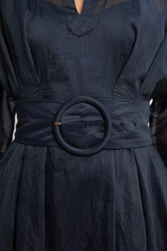 Karen Millen Organdie Plunge Collared Woven Maxi Dress Navy