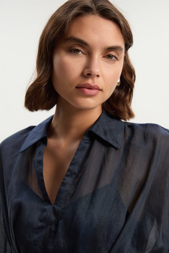 Karen Millen Organdie Plunge Collared Woven Maxi Dress Navy