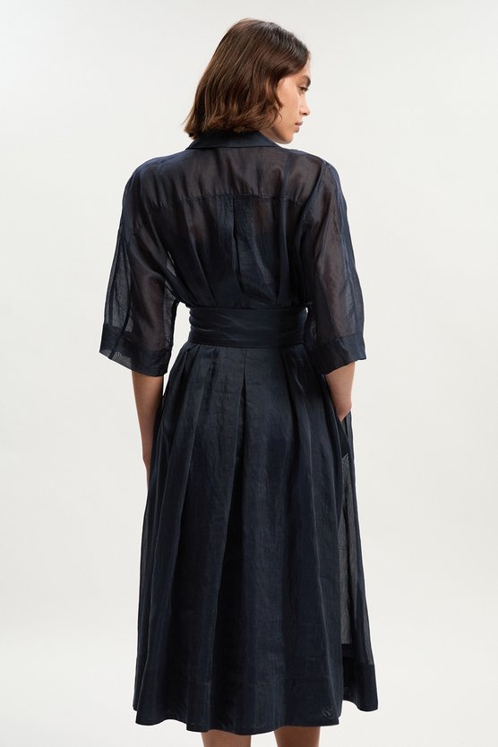 Karen Millen Organdie Plunge Collared Woven Maxi Dress Navy