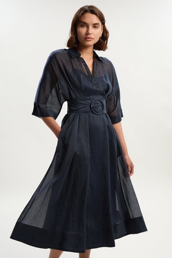 karen millen Organdie Plunge Collared Woven Maxi Dress navy