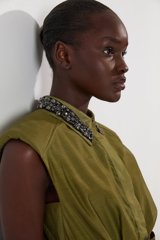 Karen Millen Organdie Shirt Dress With Crystal Embellished Belt Khaki