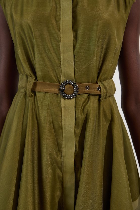 Karen Millen Organdie Shirt Dress With Crystal Embellished Belt Khaki