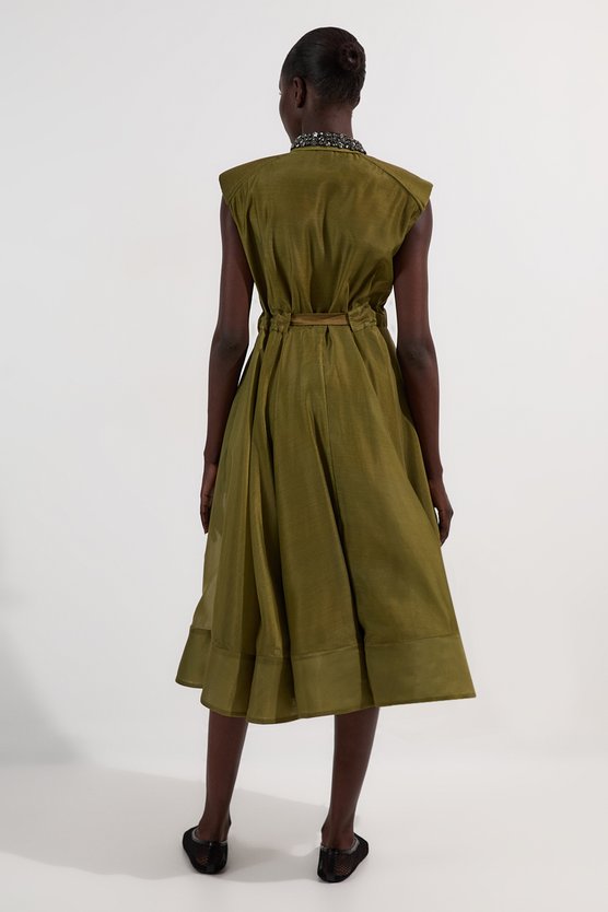 Karen Millen Organdie Shirt Dress With Crystal Embellished Belt Khaki