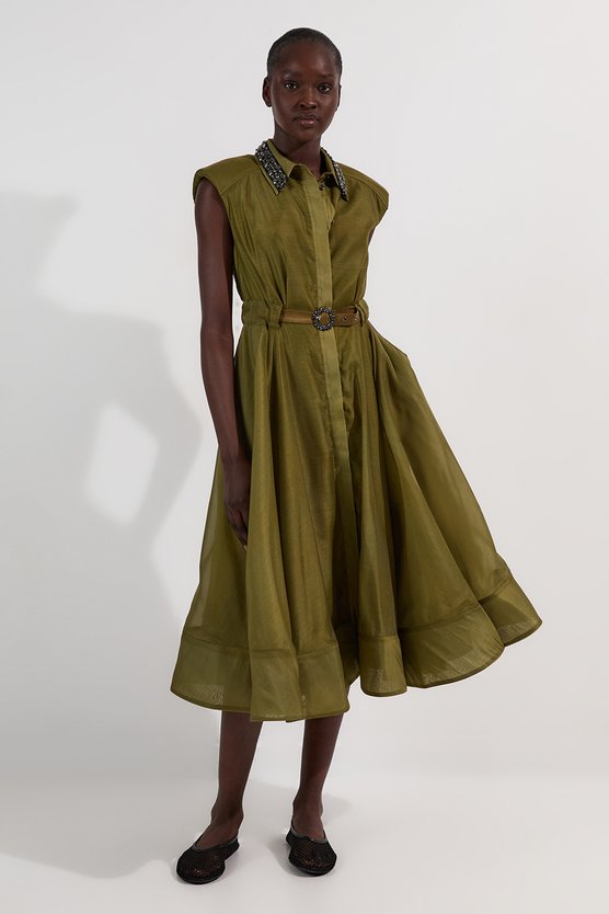 karen millen Organdie Shirt Dress With Crystal Embellished Belt khaki karen millen Organdie Shirt Dress With Crystal Embellished Belt khaki