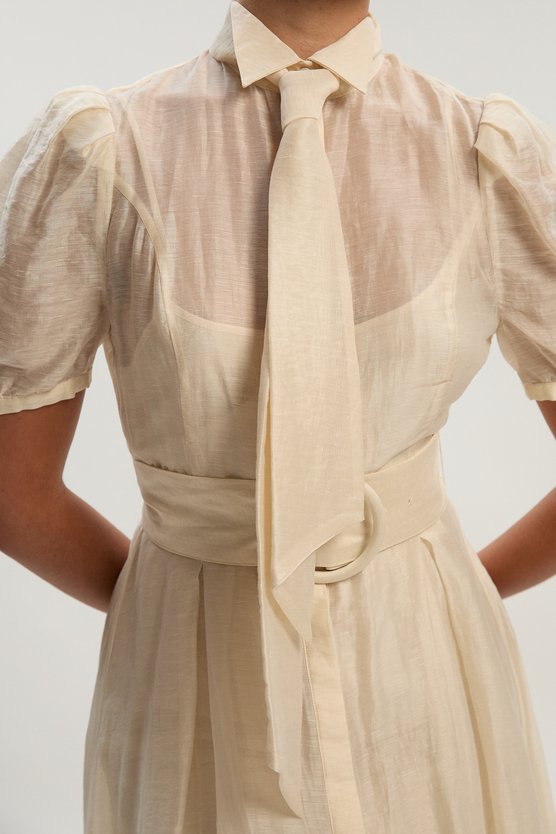 Karen Millen Organdie Tie Neck Woven Midi Dress Ivory