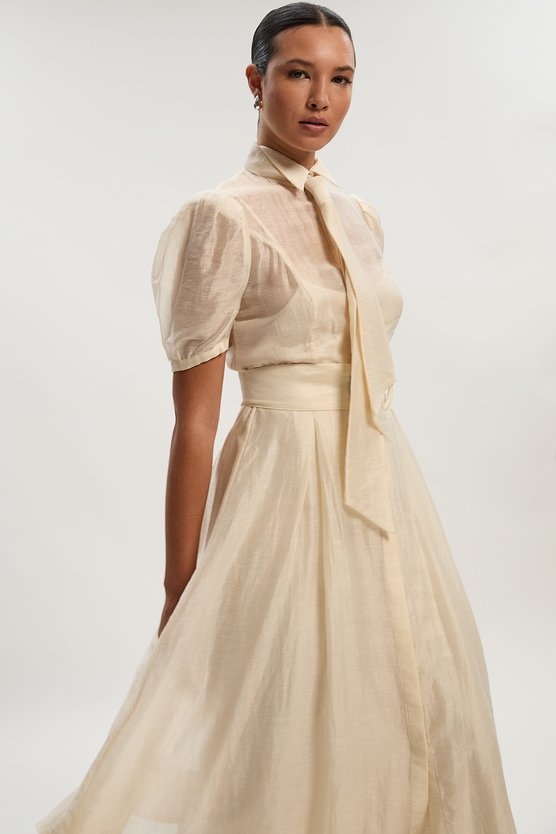 Karen Millen Organdie Tie Neck Woven Midi Dress Ivory