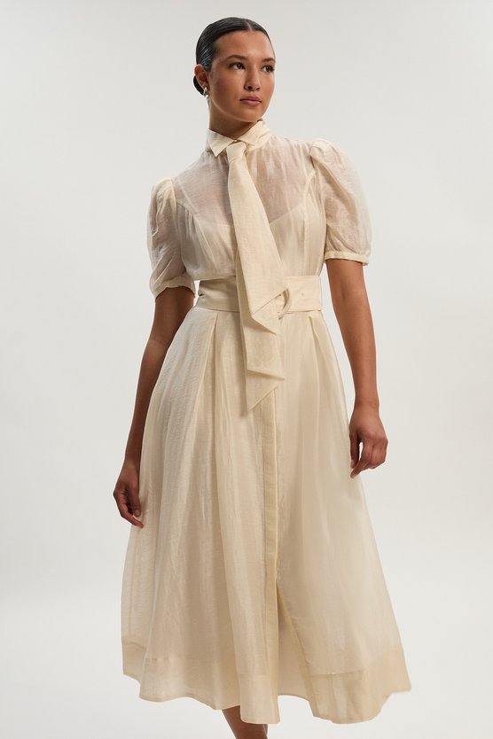 karen millen Organdie Tie Neck Woven Midi Dress ivory