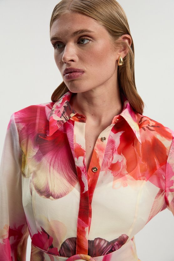 Karen Millen Organdie Woven Mini Shirt Dress Floral