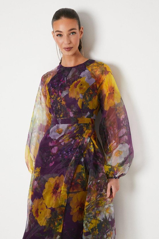 Karen Millen Organza Wrap Waist Puff Sleeve Midi Dress Purple