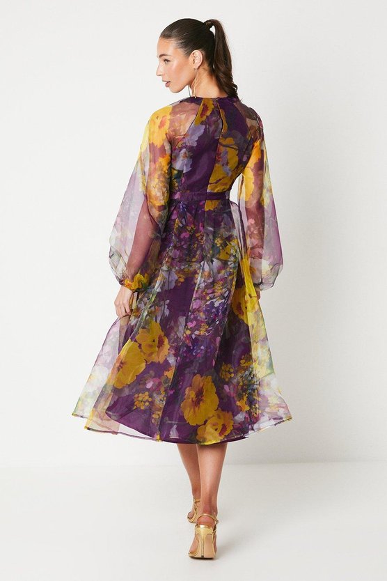 Karen Millen Organza Wrap Waist Puff Sleeve Midi Dress Purple