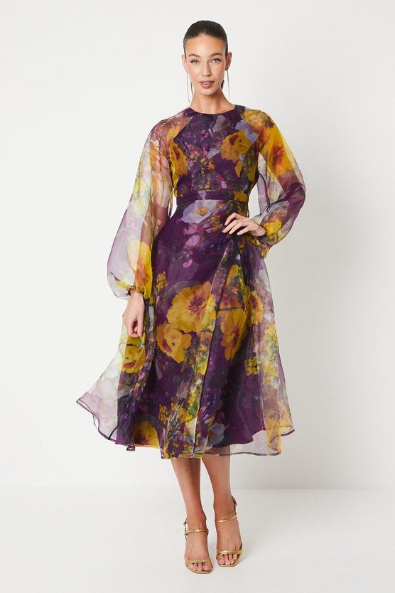 karen millen Organza Wrap Waist Puff Sleeve Midi Dress purple