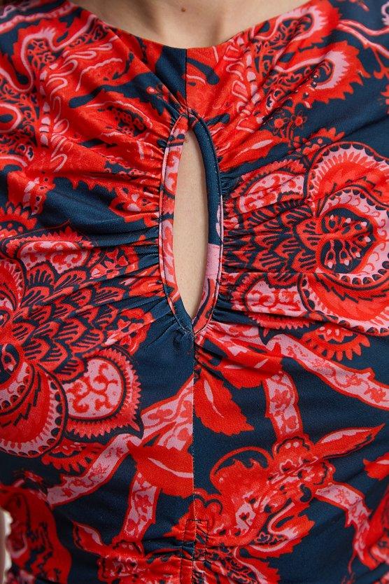 Karen Millen Paisley Floral Jersey Crepe Cut Out Neck Midi Dress Red