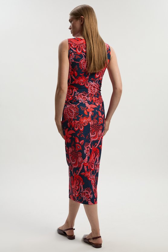 Karen Millen Paisley Floral Jersey Crepe Cut Out Neck Midi Dress Red