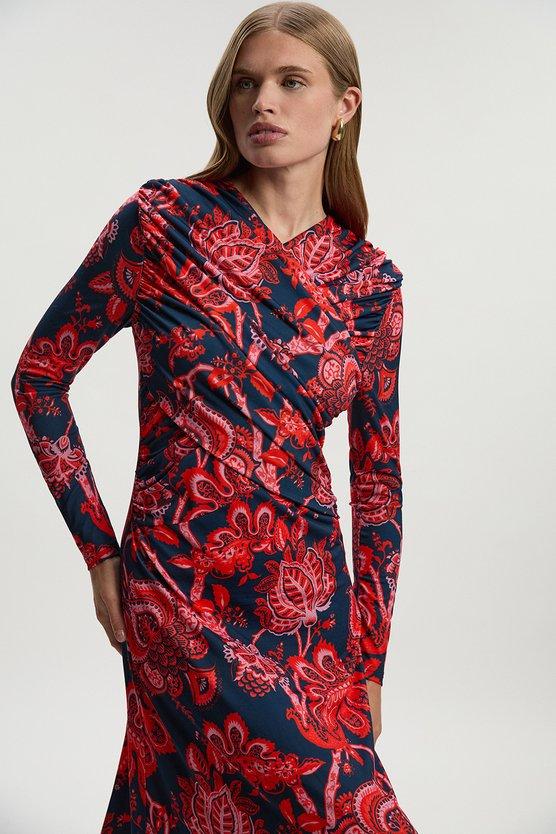Karen Millen Paisley Floral Jersey Crepe Twist Maxi Dress Red