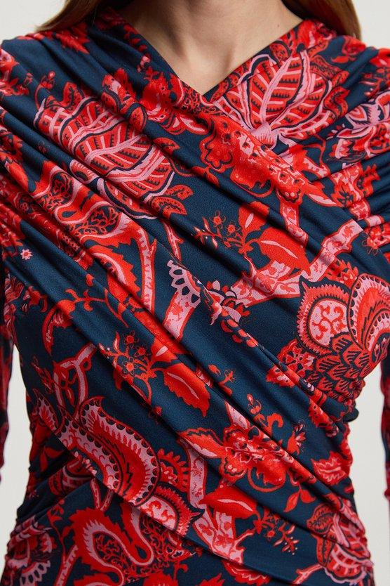 Karen Millen Paisley Floral Jersey Crepe Twist Maxi Dress Red