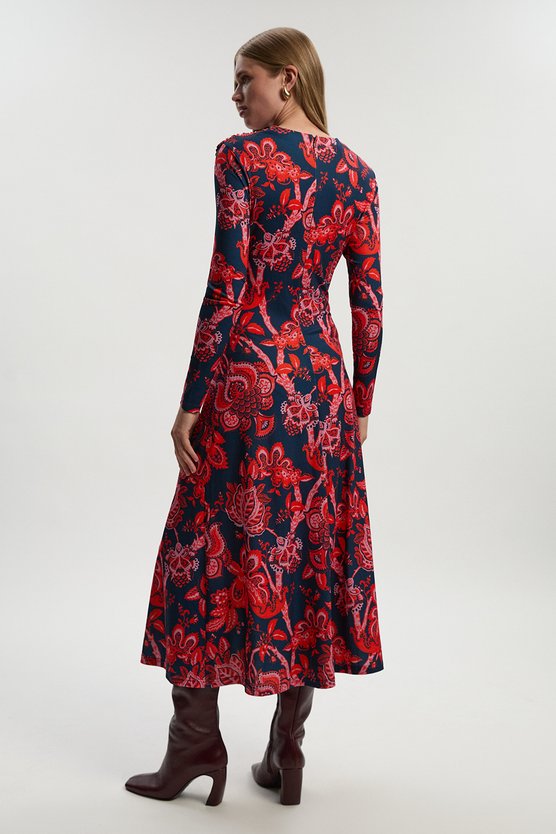 Karen Millen Paisley Floral Jersey Crepe Twist Maxi Dress Red