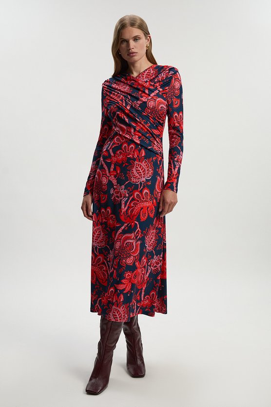 karen millen Paisley Floral Jersey Crepe Twist Maxi Dress red