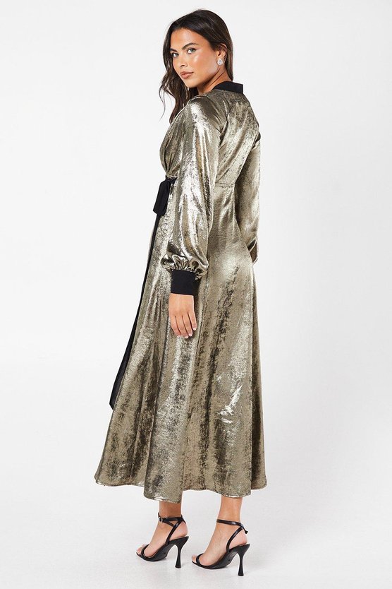 Karen Millen Party Metallic Long Sleeve Wrap Dress Gold