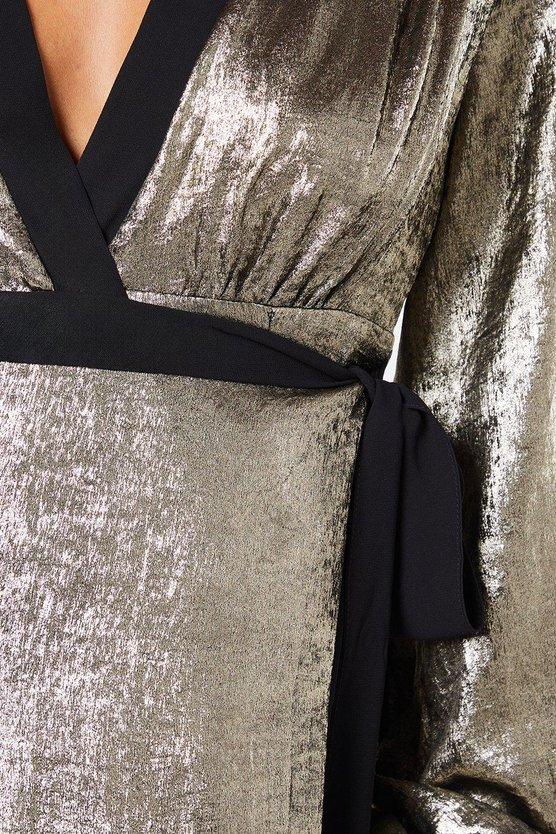 Karen Millen Party Metallic Long Sleeve Wrap Dress Gold