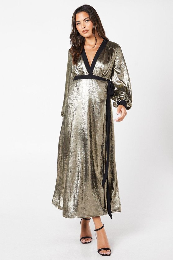 karen millen Party Metallic Long Sleeve Wrap Dress gold