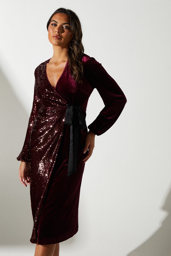 Karen Millen Party Sequin Long Sleeve Velvet Wrap Dress Oxblood