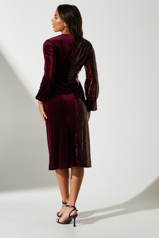Karen Millen Party Sequin Long Sleeve Velvet Wrap Dress Oxblood