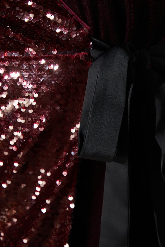 Karen Millen Party Sequin Long Sleeve Velvet Wrap Dress Oxblood