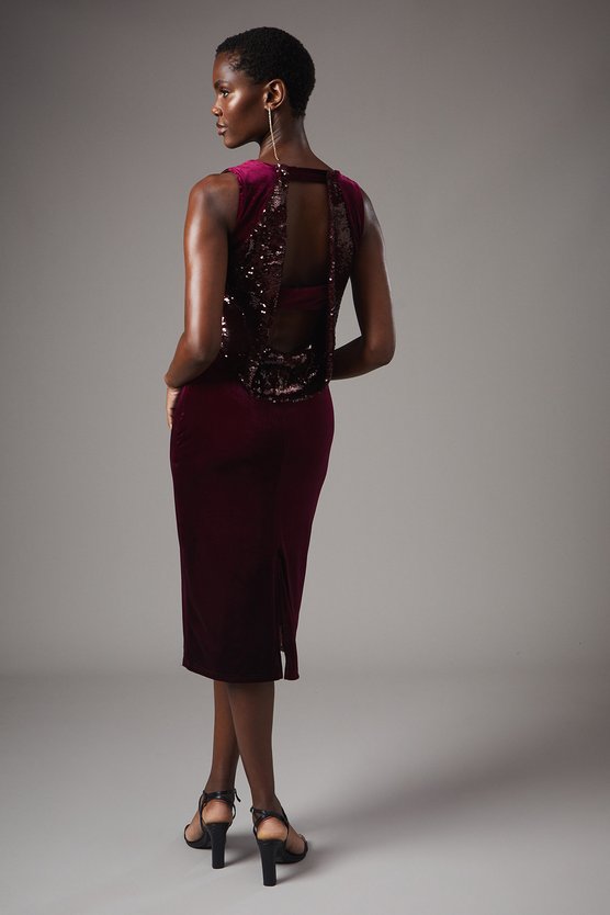 Karen Millen Party Sequin Pencil Dress With Velvet Cowl Back Wine