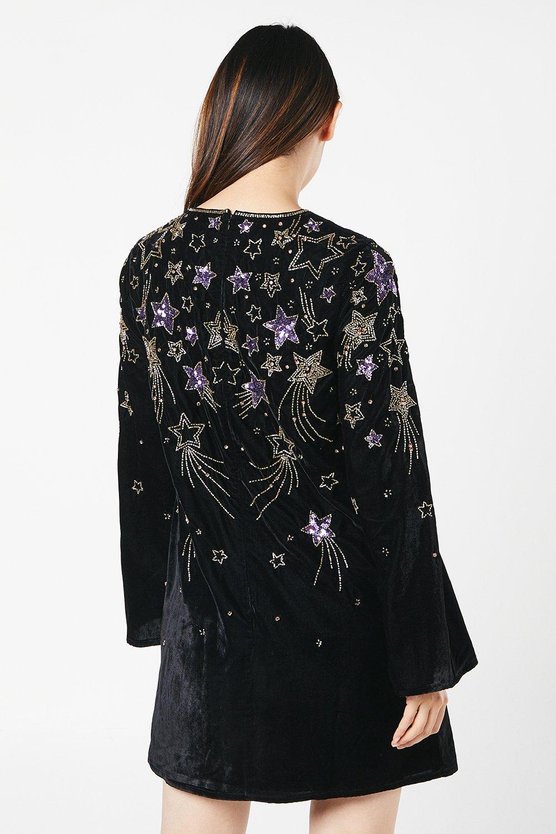 Karen Millen Party Sequin Star Long Sleeve Velvet Mini Swing Dress Black