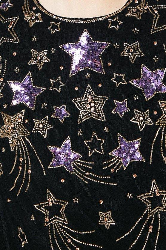 Karen Millen Party Sequin Star Long Sleeve Velvet Mini Swing Dress Black