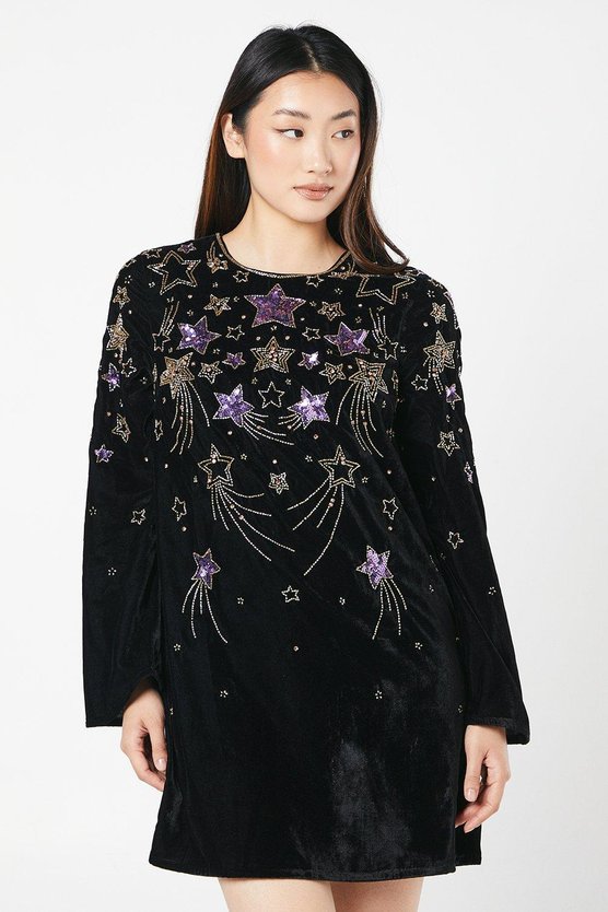 karen millen Party Sequin Star Long Sleeve Velvet Mini Swing Dress black