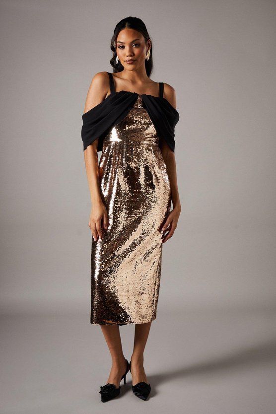 karen millen Party Sequin Velvet Bardot Pencil Dress rose gold