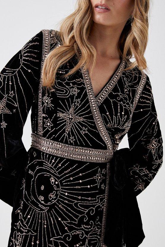 Karen Millen Party Sequin Velvet Wrap Mini Dress Black