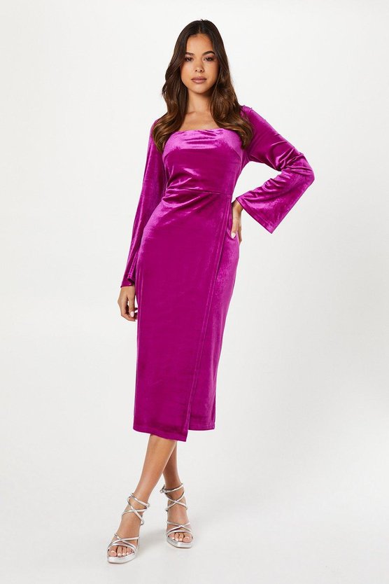 karen millen Party Velvet Long Sleeve Pencil Dress pink