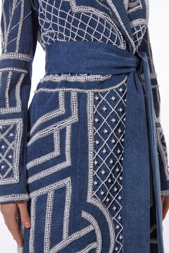 Karen Millen Pearl Embellished Woven Denim Maxi Blazer Dress Denim