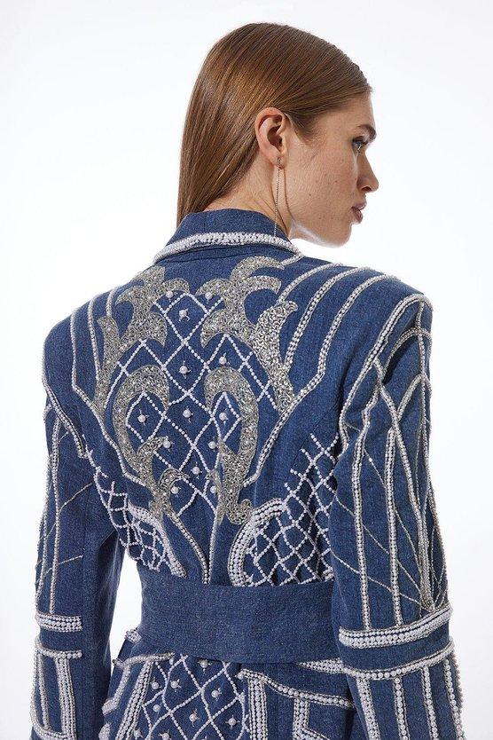 Karen Millen Pearl Embellished Woven Denim Maxi Blazer Dress Denim