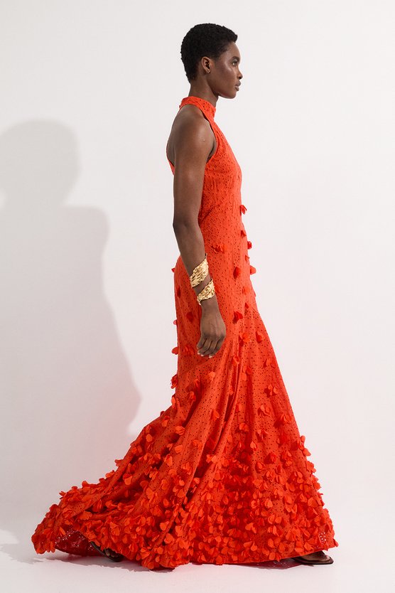 Karen Millen Petal Applique Embellished Broderie Rosette Maxi Dress Orange
