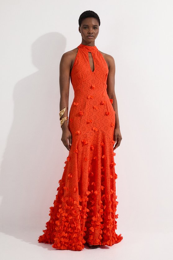 karen millen Petal Applique Embellished Broderie Rosette Maxi Dress orange