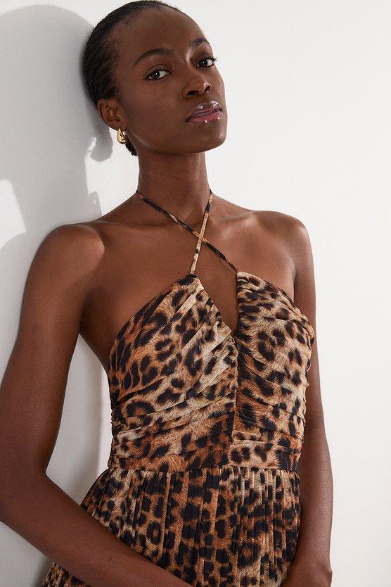 Karen Millen Petite Animal Georgette Crinkle Tiered Halterneck Midi Dress Animal