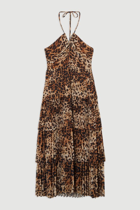 Karen Millen Petite Animal Georgette Crinkle Tiered Halterneck Midi Dress Animal