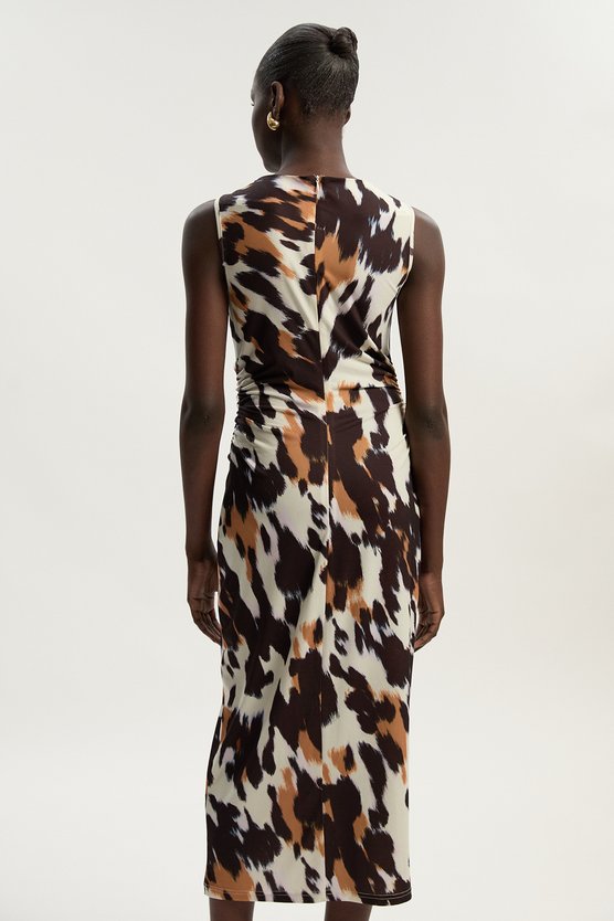 Karen Millen Petite Animal Print Crepe Cut Out Neck Midi Dress Animal