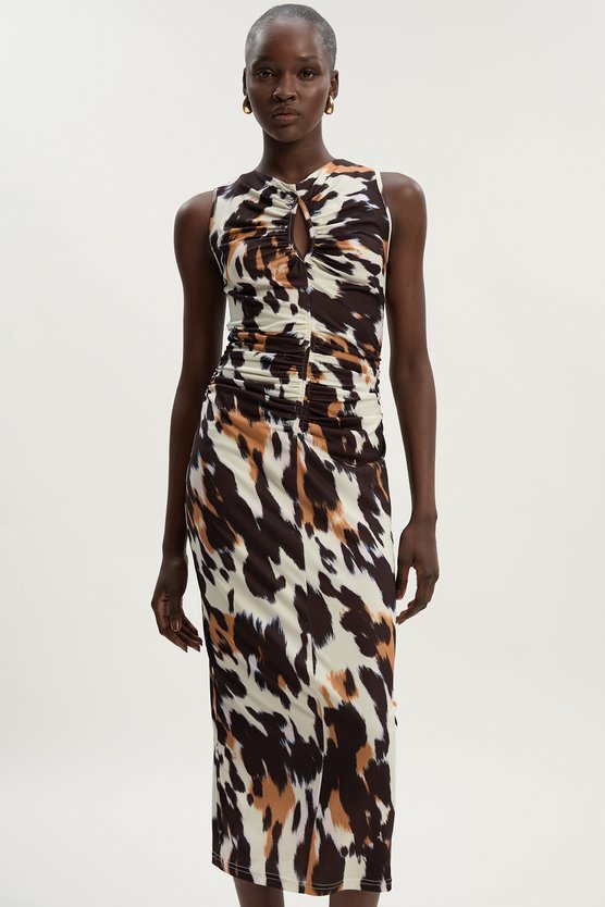 karen millen Petite Animal Print Crepe Cut Out Neck Midi Dress animal